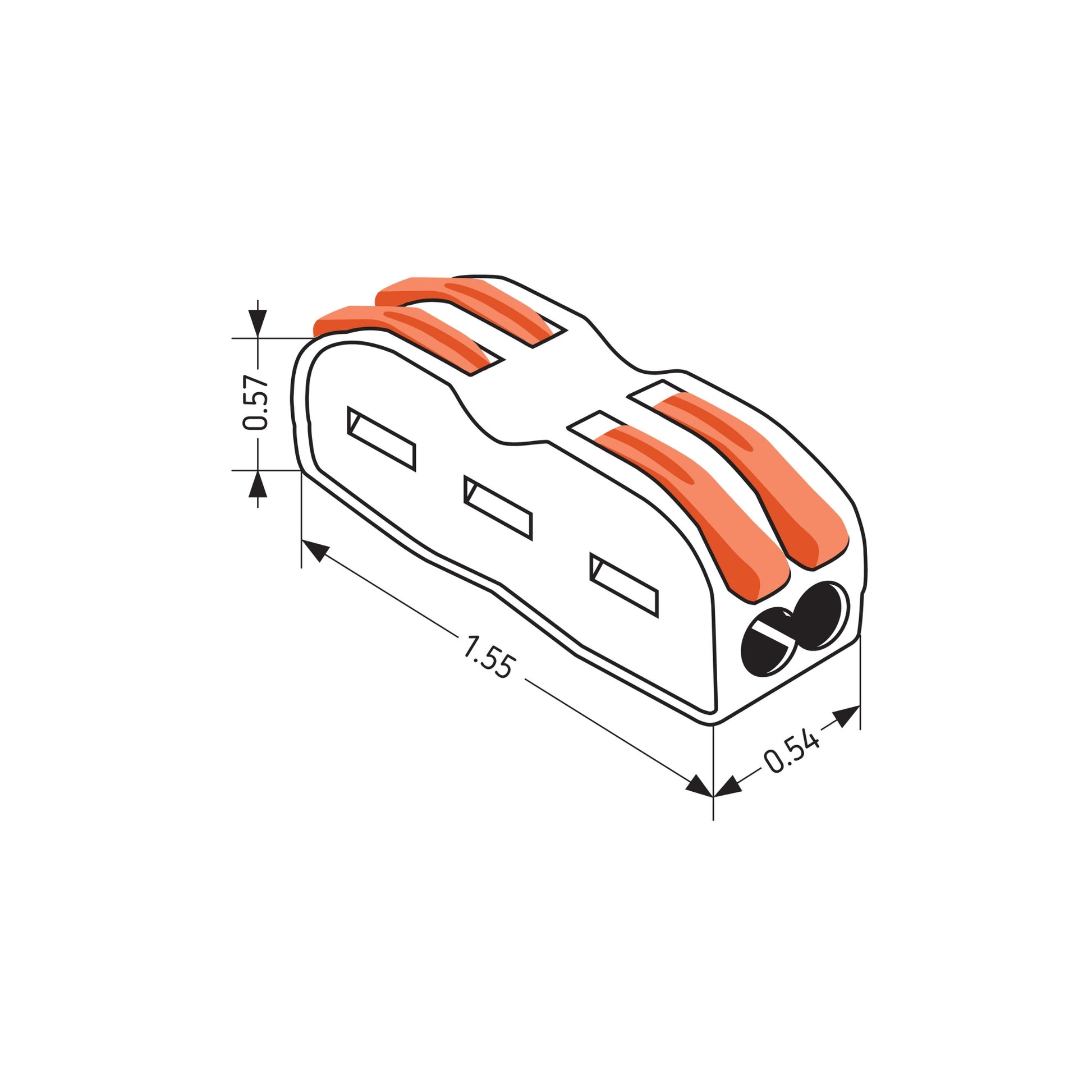 Reusable 2-way splicing wire connector technical dimensions diagram