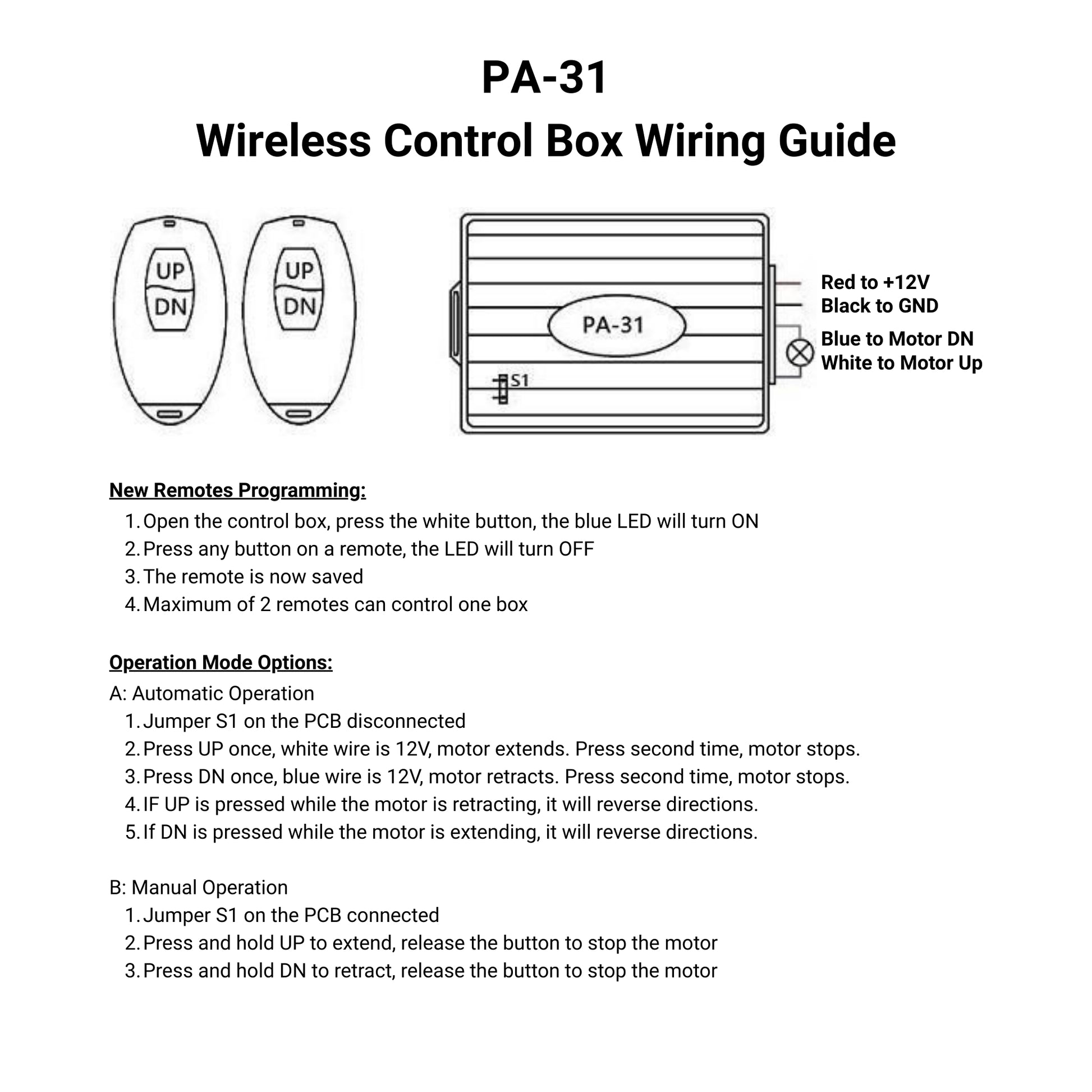 12 VDC Control Box - 1 Channel - 20A - Wireless Remote wiring guide