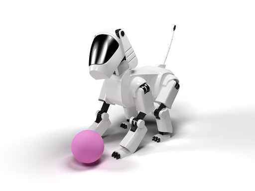 Photo of dog-robot playing with ball on white background