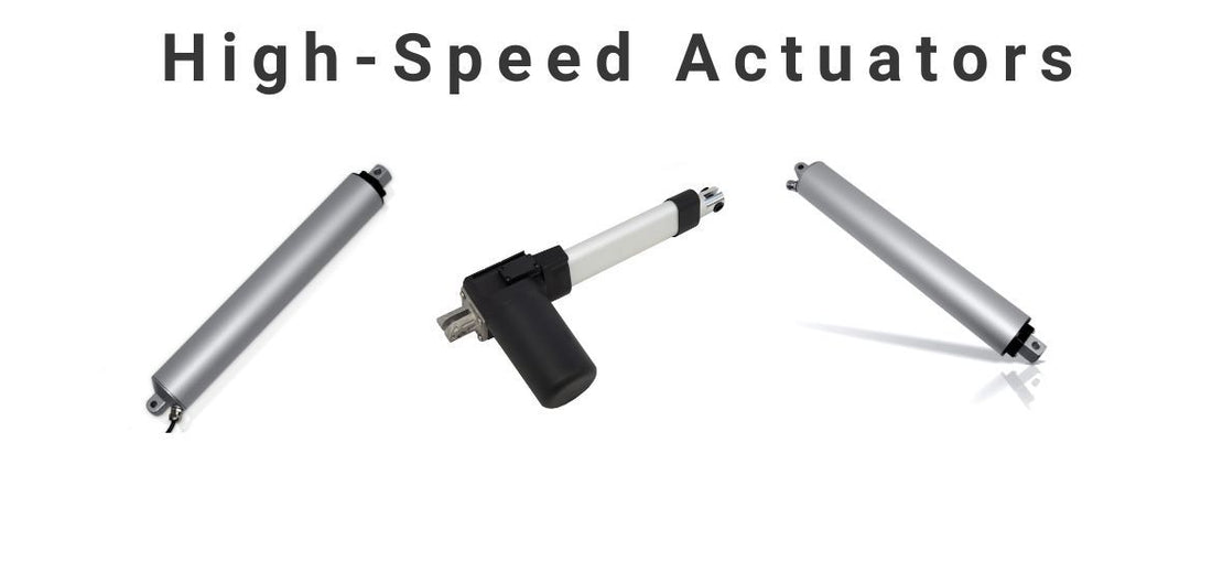 Image of the linear actuators by Progressive Automations and text on center "high-speed linear actuators"	