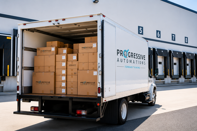 White delivery truck with 'Progressive Automations' logo and cardboard boxes in an outdoor setting.