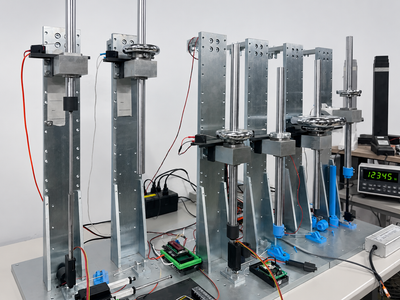 Testing setup with metal frames and electronic components on a table.