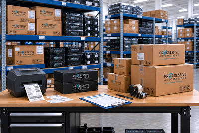 Workstation with packaging materials and 'Progressive Automations' branding in a warehouse setting.