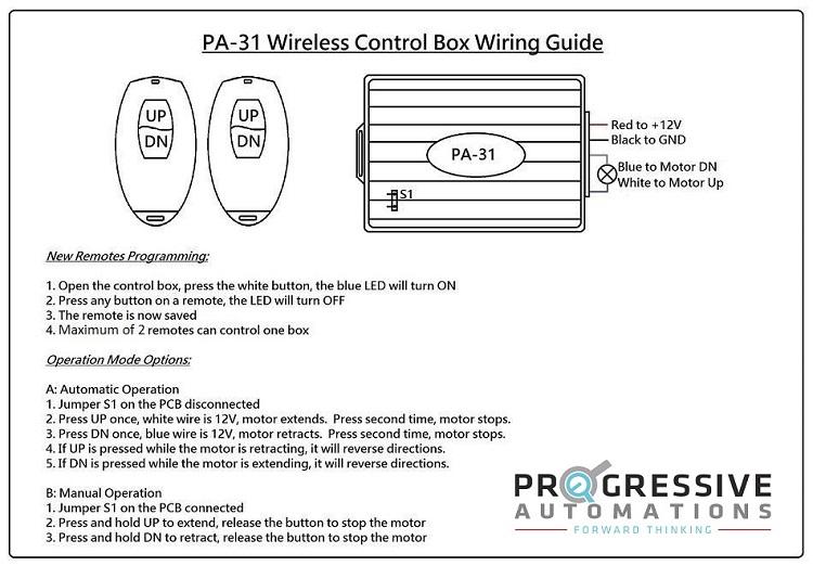 12 VDC Control Box - 1 Channel - 20A - Wireless Remote wiring guide